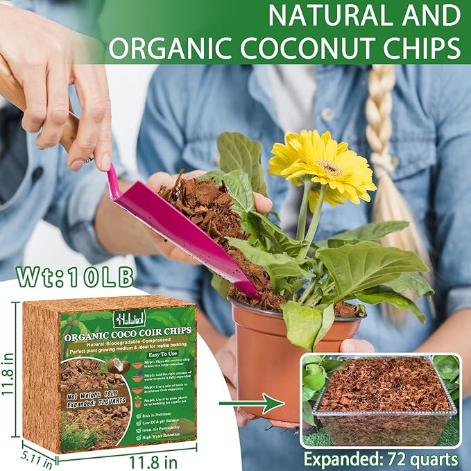 Halatool 10LB Compressed Coconut Coir Chips, 100% Natural Organic Coco Husk Chips Coco Chips Substrate for Plants Flowers, Garden