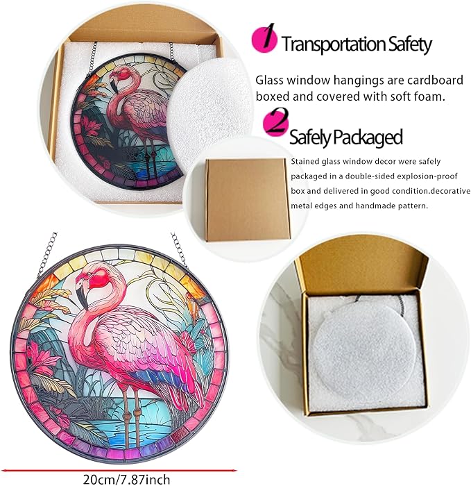 RIVEENY Flamingos Sun Catcher Stained Glass,8" Flamingos Gifts for Women,Stained Glass Window Hanging,Red Birds Sun Catchers for Windows, Hand Painted Glass for Birds Lover