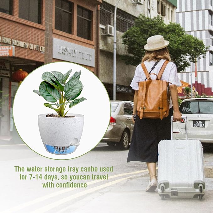 10 inch Self Watering Pots, Planter, Plant Pots with Mesh Drainage Holes for Indoor Outdoor House Plants and Garden, Set of 2 Plastic Flower Pots with Deep Reservoir, Speckled White