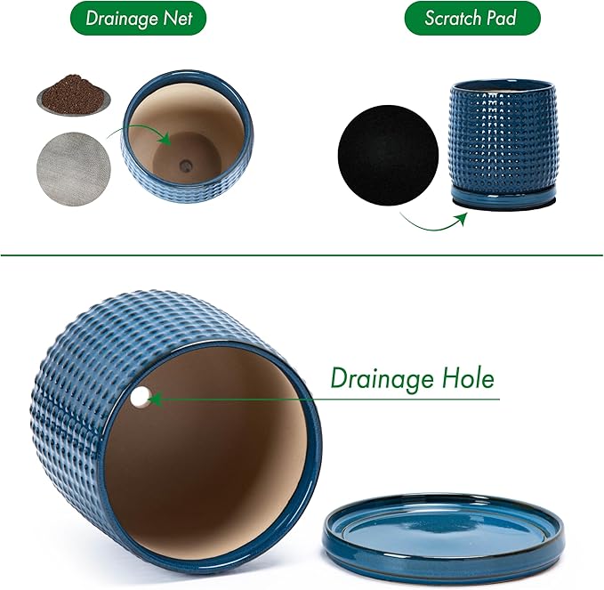 D'vine Dev 6 Inch Ceramic Beaded Stoneware Planter Pot - Flower Pot with Drainage Holes and Saucers for Indoor Succulent Plants or Flowers, Blue, 27-C-X-3