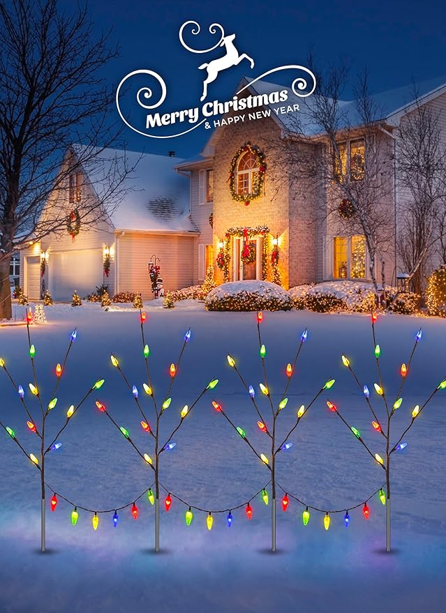 Brightown Christmas Pathway Lights Outdoor, 4 Packs Lighted Branch Lights Plug in, C6 Driveway Christmas Lights, Outdoor Christmas Stems Outdoor Decorations Yard, Multicolor