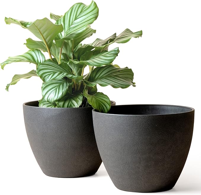 LA JOLIE MUSE Outdoor Planter Flower Pots Outdoor- 11.3 Inch Planter with Drainage for Indoor Outdoor Plants Flowers, Black, Set of 2