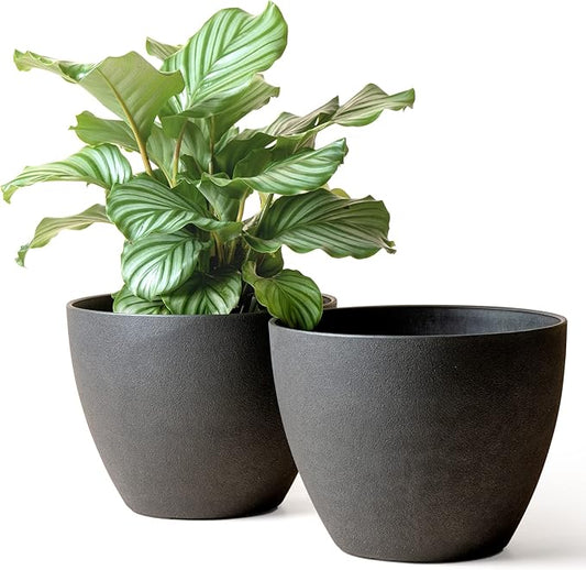 LA JOLIE MUSE Outdoor Planter Flower Pots Outdoor- 11.3 Inch Planter with Drainage for Indoor Outdoor Plants Flowers, Black, Set of 2
