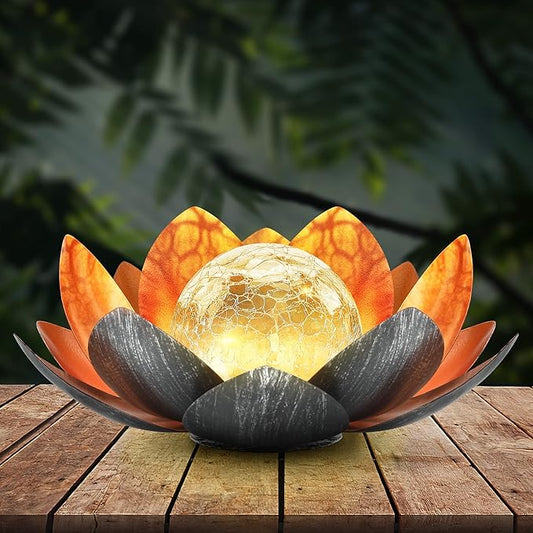 Outdoor Solar Lights, Garden Decor, Crackle Glass Globe, Waterproof Metal Lotus Flower Light for Patio, Lawn, Walkway, Tabletop, Ground