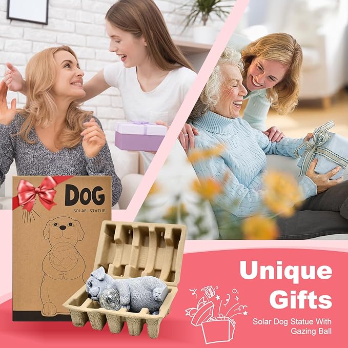Solar Dog Garden Statues - 8.4 "Dog Decor with Gazing Ball Solar LED Lights, Unique Gifts for Mom Grandma Birthdays & Dog Lovers, Outdoor Decor for Outside Lawn Porch Patio (Gray)