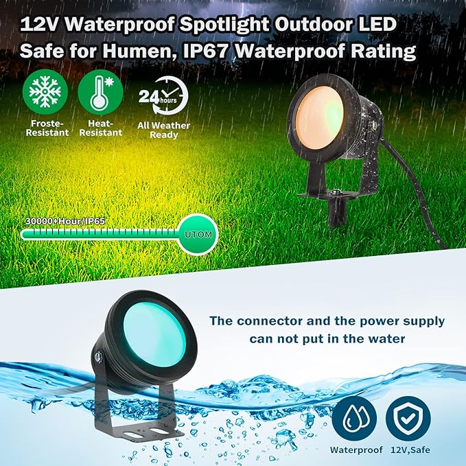 Outdoor Lights,10w Spot Lights Outdoor with US Plug and Remote Control,Dimmable Halloween Decor Christmas Lights Outdoor,Waterproof Spotlight with Timer（Light Color is Mixed, NOT Pure RGB）
