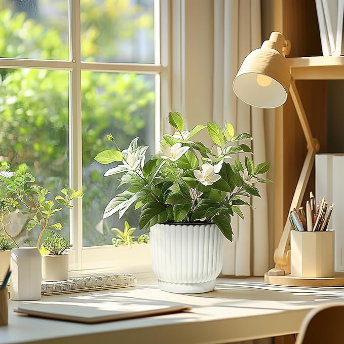 T4U 6 Inch Self Watering Pots for Indoor Plants, 6 Pack White Plastic Flower Pots for All House Plants, Flowers, African Violets