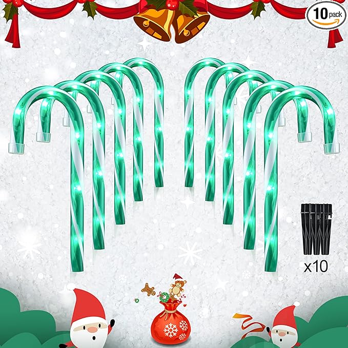 10" Christmas Candy Cane Lights - Set of 10 Pathway Markers Christmas Outdoor Yard Decorations, Green Xmas Candy Cane Stake Lights for Lawn, Walkway, Garden, Xmas Party Indoor Ornaments