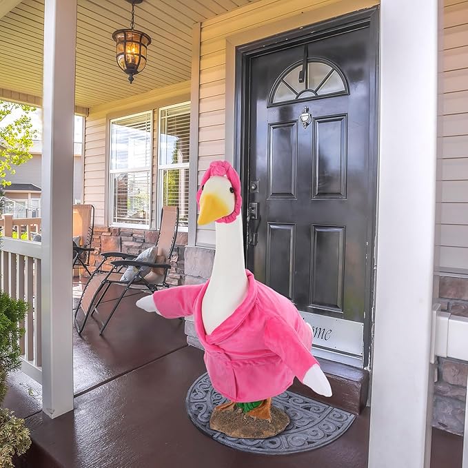 Christmas Lady Goose Outfit Bathrobe Porch Clothes for 23'' Cement Goose Outdoor Garden Yard Patio Statue Halloween Costume Decoration(Pink)