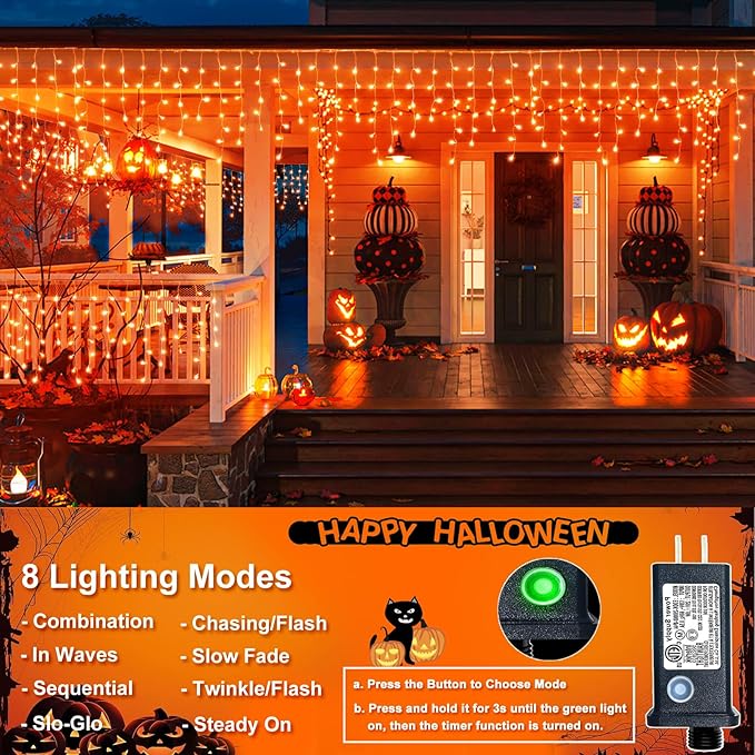 Christmas Icicle Lights Outdoor, 66ft 640 LED Icicle Lights for Outside with 8 Modes Timers, Waterproof Plug in Twinkle String Light for House Yard Eave Patio Party Holiday Decorations, Orange