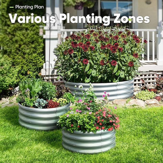 KING BIRD Raised Garden Bed Galvanized Round Planter Box Outdoor for Gardening, Plants, Vegetables, Flowers, Silver, 24x24x12 in, 2 Packs