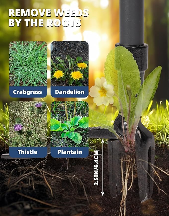 DEERFAMY Stand Up Weed Puller Tool with Long Handle, Garden Weeder Tool with 4-Claw Steel Head Design, Manual Weeder with 3-Metal Structure, Effortless Weeding Without Bending, for Dandelions, Orange