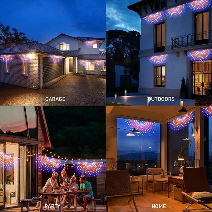 Leisure World LED American Flag Banner, 3 Pack 150 LED Half Fan Lights, 4 x 2 ft, 8 Modes Patriotic Outdoor Net for 4th of July, Christmas