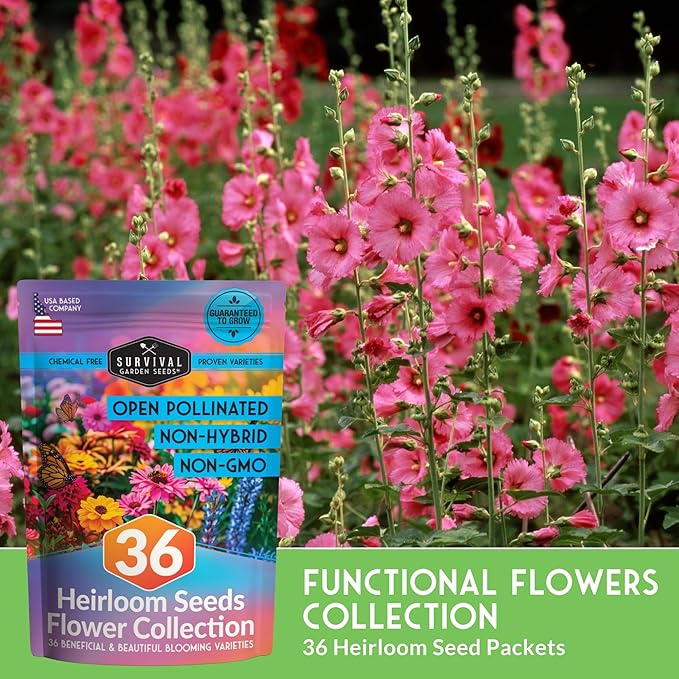 Survival Garden Seeds Functional Flowers Garden Kit - 36 Pack Starter Collection - Bee, Butterfly, Hummingbird, Pollinator Friendly Annual & Perennial Open-Pollinated Heirloom Flower Seed Varieties