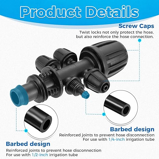 Barbed Tee 6-Way Drip Irrigation Fittings, 1/2 Inch to 1/4 Inch Tubing Irrigation Fittings(1/2'' ID x 0.60''-0.63'' OD) Locked Barbed Tee Connectors (20 Pcs)