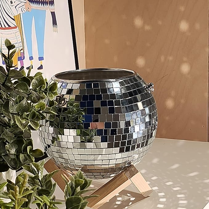 6" Disco Ball Planter – Rotating Mirror Planter with Macrame Hanger & Wooden Stand for Indoor and Outdoor Plants