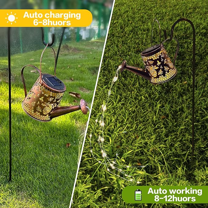 Solar Watering Can Outdoor Lights Garden Decor,Bee Hanging Lantern Waterproof Landscape Lights Outside Decoration for Yard Porch Patio Pathway Gardening Gifts(with 32 inch Shepherd Hook)