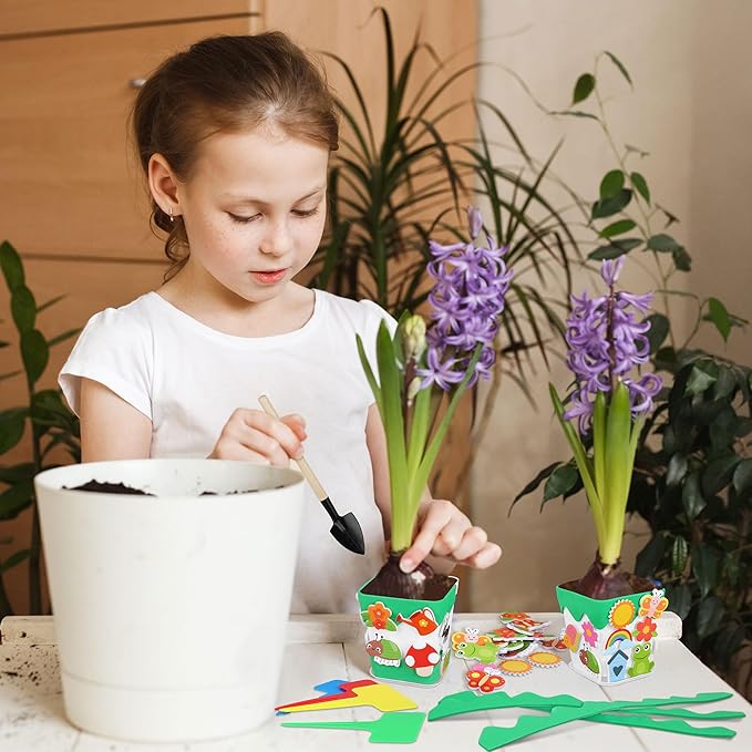 Elcoho 36 Set Garden Plastic Pot Craft Kit Plant Spring Craft Kits for Kids Flower Pots with 150 Foam Stickers 36 Labels 24 Certificate of Awards 3 Tools Planting Growing Kit for Kids, White