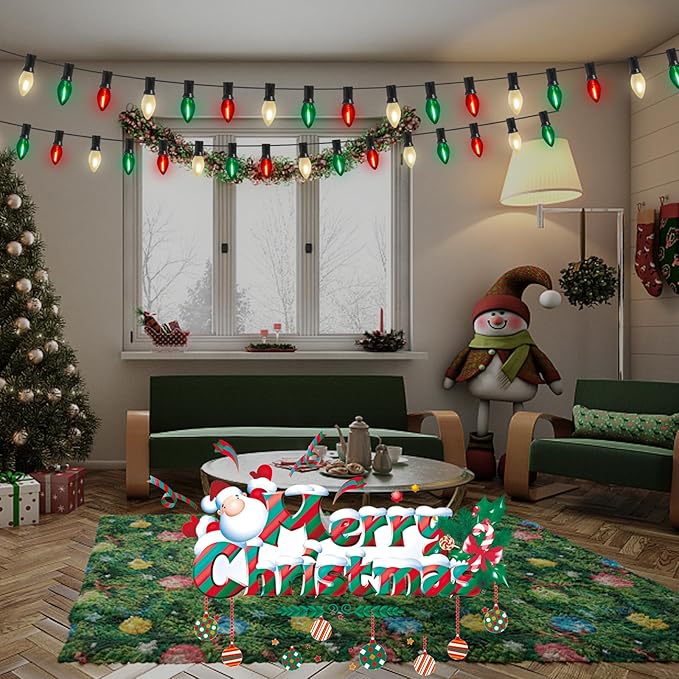 Abeja 25Ft C7 Christmas Multicolor String Lights with 27 Red Green & Frosted White Edison Bulbs, Hanging Vintage Christmas Light Outdoor Waterproof for Party Garden Wedding Bistro Roofline Decor