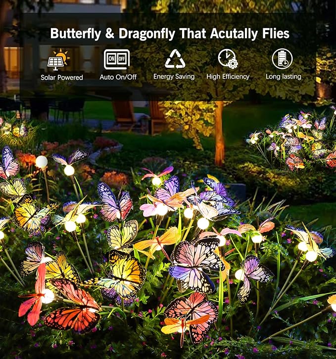 Aiscool Solar Garden Lights, Swaying Dance Butterfly Light Outside, Solar Outdoor Lights,Yard Patio Pathway Lawn Summer Decoration,Realistic Butterflies & Dragonflies(2 Pack)