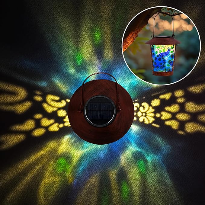 Solar Lanterns Outdoor Peacock Hanging Waterproof Decorative Lamp with Glass Peacock Solar Lights for Outside Yard Table Patio Garden