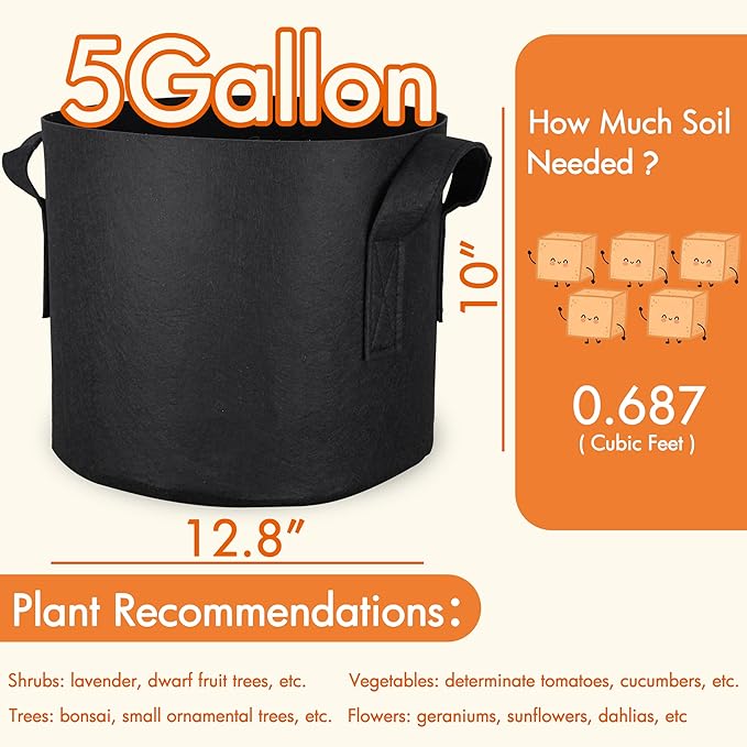 Gardzen 6-Pack 5 Gallon Grow Bags, Aeration Fabric Pots with Handles, Heavy Duty Cloth Pots for Plants