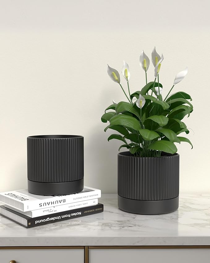 Ceramic Planter Pots Indoor with Drainage Hole & Saucer,Including Stand,7.3 Inch Mid-Century Modern Cylinder Plant Pot for Snake Flower Leaf