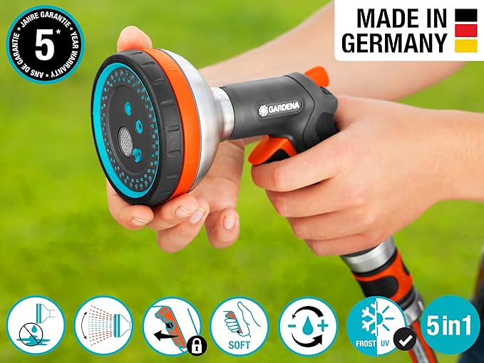 GARDENA (3817M-FP) Frost Proof - Premium Metal Multi Sprayer (Five Spray Patterns) + Water Stop