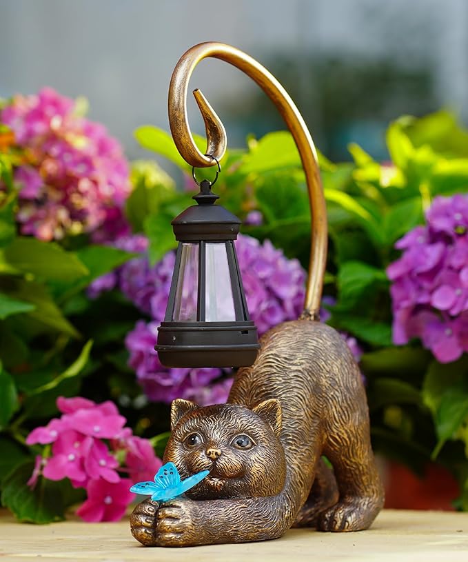 Solar Cat Garden Statue for Outdoor: Outside Sculptures Decor for Art Patio Balcony Yard Lawn – Unique Birthday Gift for Women Mom Grandma