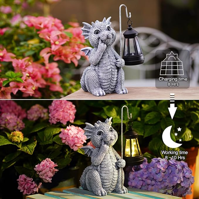 Goodeco Dragon Garden Statue Outdoor with Solar Lantern - Resin Dragon Decor for Garden, Patio, and Yard - 8.3 inches Dragon Gifts & Decorations (Dragon)