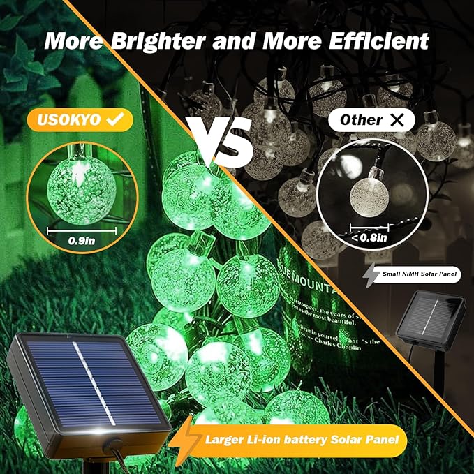 Solar Lights Outdoor Waterproof, 2 Pack Total 200LED 110FT Solar String Lights for Outside w/ 8 Modes, Outdoor String Lights Crystal Globe Patio Lights for Garden Yard Party Decor(Green)