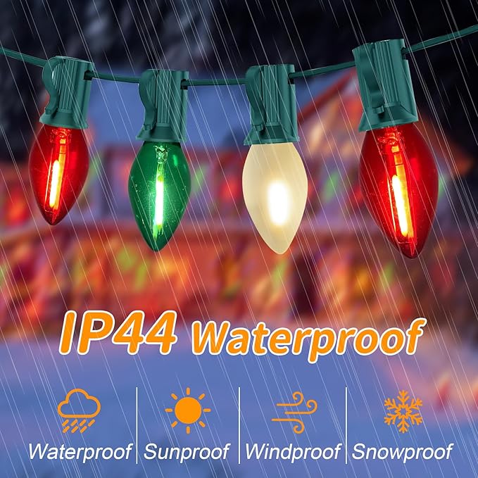 Abeja 25Ft C7 Christmas Multicolor String Lights with 27 Red Green & Frosted White Edison Bulbs, Hanging Vintage Christmas Light Outdoor Waterproof for Party Garden Wedding Bistro Roofline Decor