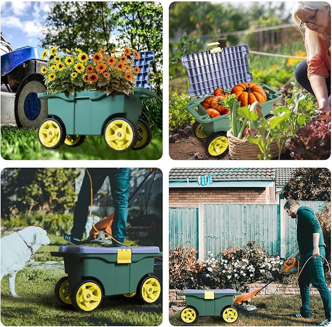 Torin AG594B Garden Cart Scooter and Seat: Garden Stool with Bench Seat and Interior Tool Tray, Rolling Storage for Weeding and Planting, Green/Blue/Black