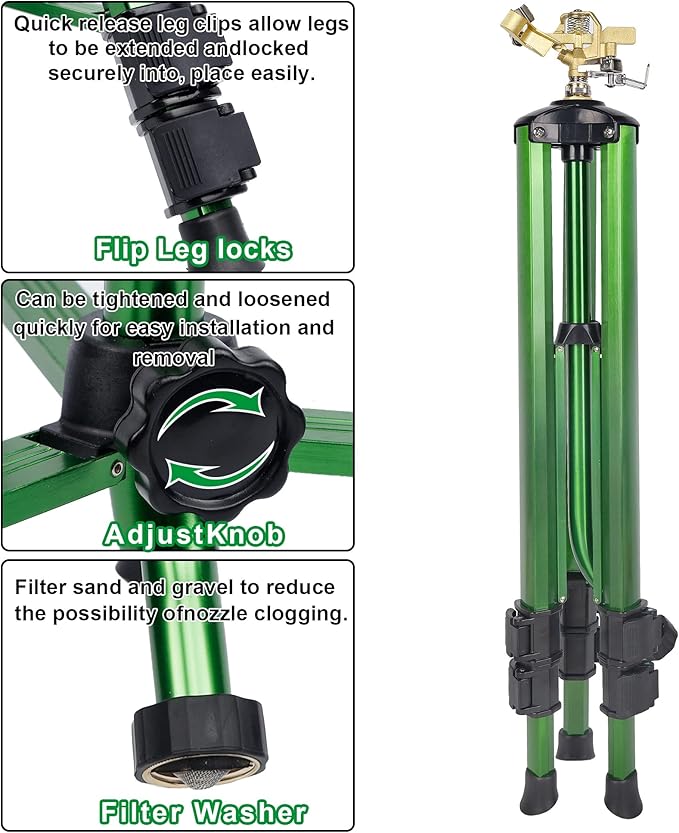 Biswing Impact Sprinkler Head on Tripod Base, Extends Up to 50 Inch Heavy Duty Lawn Sprinkler, 360 Degree Large Area Irrigation, Adjustable Coverage Brass Nozzle Alloy Metal Tower Sprinkler, 2 Pack