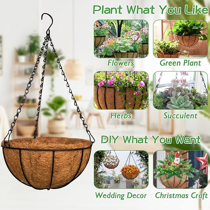 ZeeDix 2 Pack 12 Inch Metal Round Hanging Planter Basket with Coconut Liners Replacement, Hanging planters Baskets with Natural Coco Liner for Outdoor Indoor Planters Flowers Vegetables