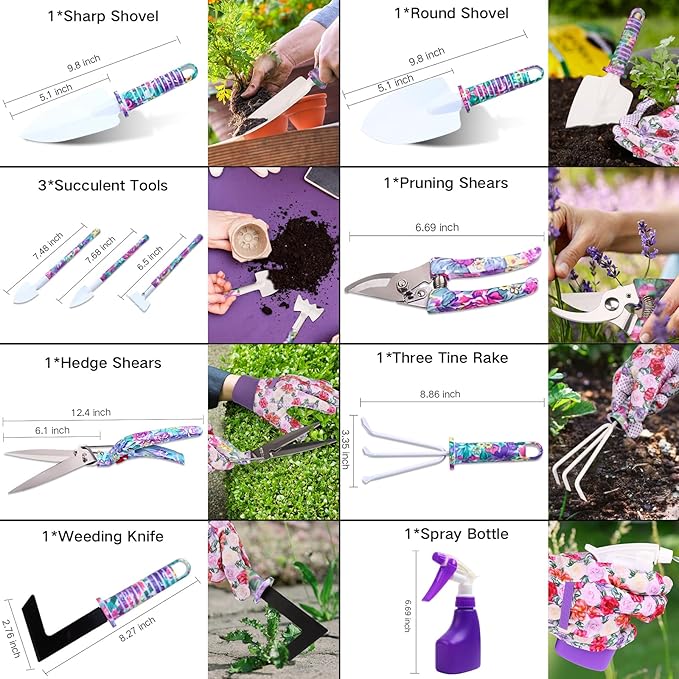 Garden Tools Set, JUMPHIGH 10 Pieces Gardening Tools with Purple Floral Print, Ergonomic Handle Trowel Rake Weeder Pruner Shears Sprayer, Garden Hand Tools with Carrying Case Gardening Gifts for Women