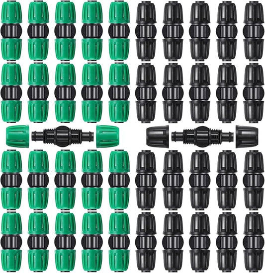 Frienda 40 Pcs Barbed Tee 1/2 Inch Tubing (1/2" IDx0.6-0.63" OD) 16mm to 1/4 Inch Irrigation Tube Fittings Drip Irrigation Parts Anti Drop Locked Reducing Tee for Drip Hose, Green and Black