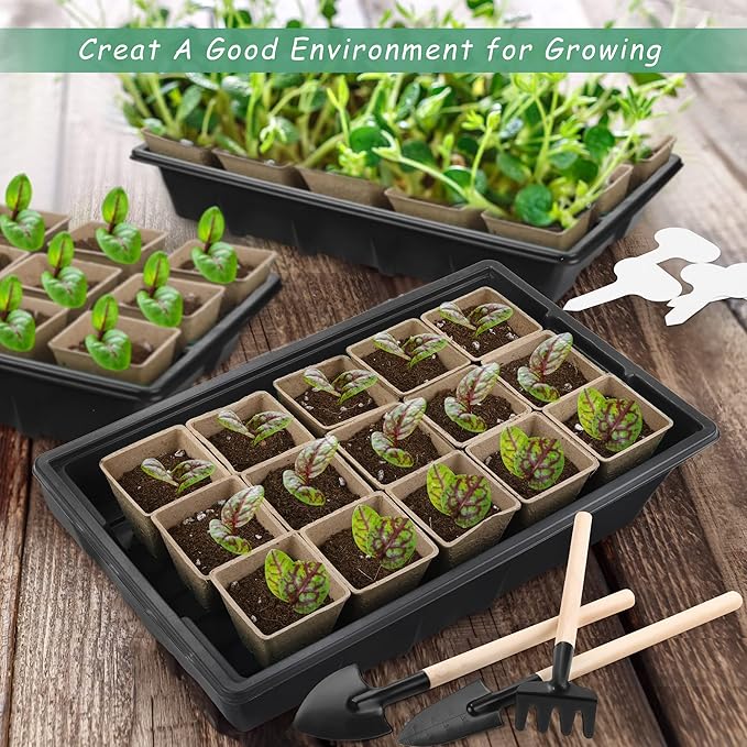 4 Pack Seed Starter Tray Kit, 120 Square Seed Peat Pots for Seedlings with Plants Labels, Planting Tools, Plastic Growing Germination Trays with Lids for Indoor Outdoor Gardening, Black
