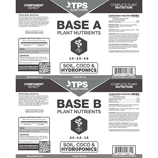 TPS NUTRIENTS Base A+B Two Part Set Complete Plant Growing Nutrient Formula for All Plants, for Both Soil and Hydro, Quart Set (2 x 32 oz)
