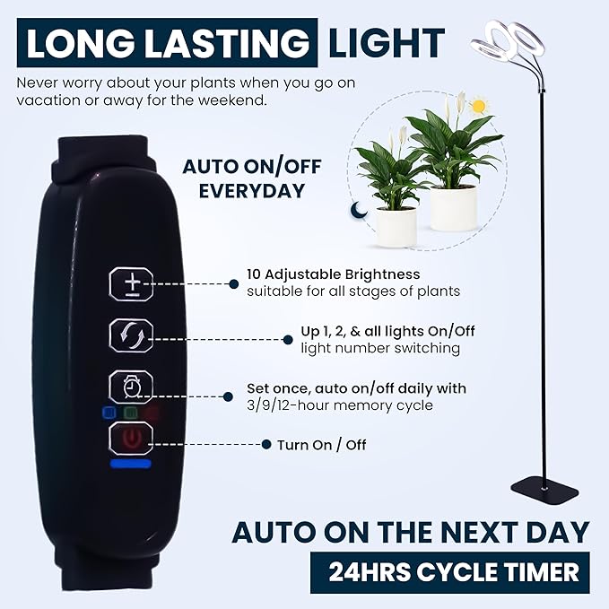 Hanging Grow light for Indoor Plants with Warm Colors, Full Spectrum Plant Standing Lamp for Seeding Small and Large Plants with 3 Heads, Auto On/Off Timer and Adjustable Tripod Stand– 30 Watts