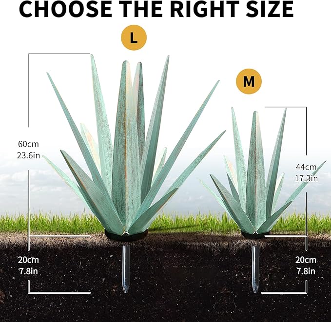 Large Tequila Rustic Sculpture, Rustic Metal Agave Plants for Outdoor Patio Yard, Home Decor Hand Painted Metal Agave Garden Yard Statue, Outdoor Lawn Ornaments (Mint Green - M)