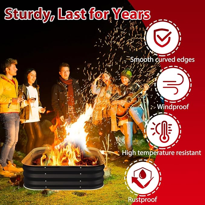 Fire Pit 48 Inch, Square Galvanized Steel Fire Pit for Outside, Heavy Duty Steel Fire Pit In-Ground for Backyard, Camping, Bonfire, Flower Raised Garden Bed for Garden, 11 Inch High