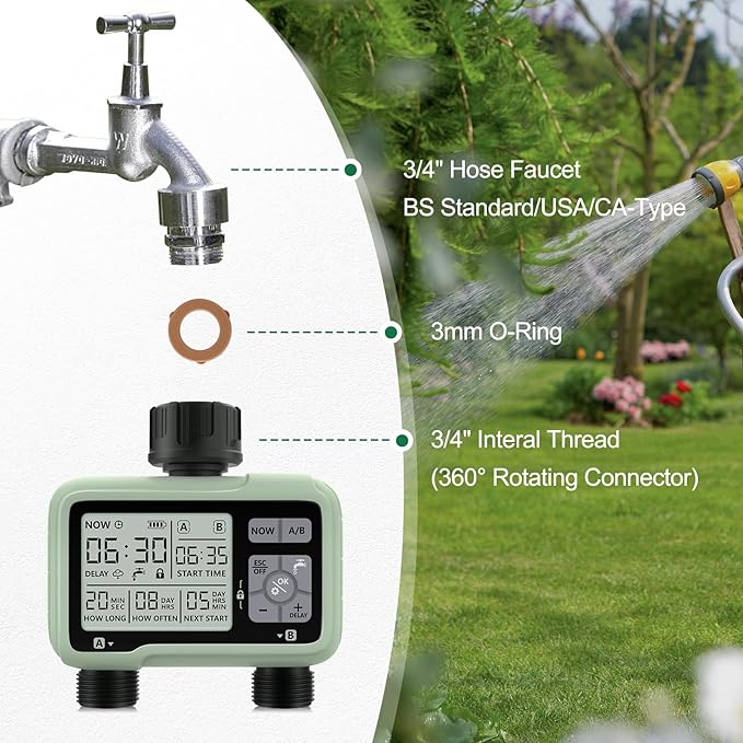 CROSOFMI Water Timer for Garden Hose,Sprinkler Timer with Rain Delay/Manual Watering/Automatic Irrigation Controller System - Water Hose Timer Programmable Faucet Timer for Yard Lawn,2 Outlet