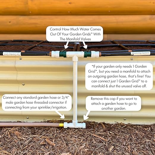Garden Grid Connection Manifold | Connect Neighboring Garden Grids or Just 1 and/or Daisy-Chain from Manifold to Manifold with Garden Hoses to Connect Many Garden Grids | 12” Height