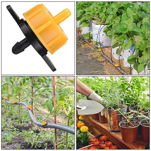 100 Pcs Drip Irrigation Emitters, Pressure Compensating Absinthe Drippers, Drip Tip Constant Flow Heads Parts Garden Flower Pots Plants, Dig Kit for 1/4 Inch Watering Tubing Line (Brown,2 GPH)