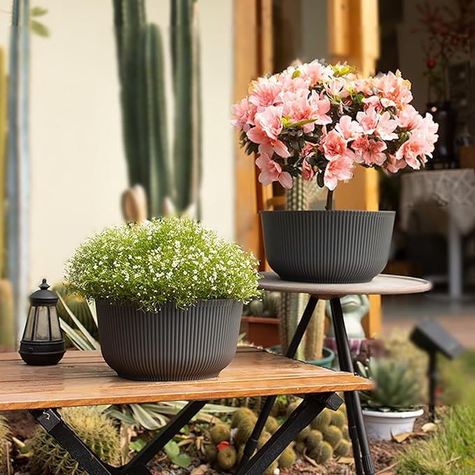 T4U 10 Inch Self Watering Planters, Plant Pots for Indoor and Outdoor Use, Home Decor Flower Pots, Plastic Planters with Drainage Hole & Plug for Plants, Flowers, Cactus, Garden, Set of 2, Gray