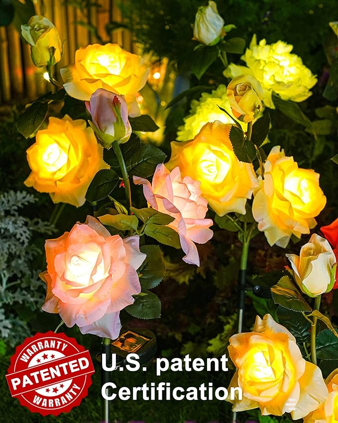 Solar Flower Lights Outdoor,Solar Garden Lights with 12 Bigger & More Realistic Flower,IP65 Waterproof Solar Powered Pathway Lights for Yard Lawn Patio Garden Decor(4Pack Rose Lights)