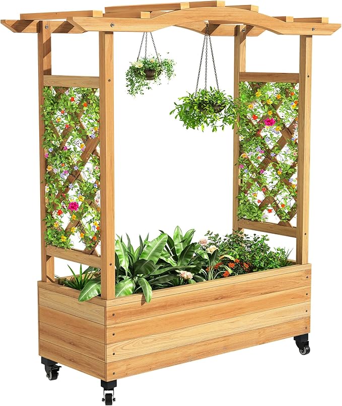 YITAHOME Raised Garden Bed with Trellis and Lockable Wheels, Wood Free-Standing Trellis Planter Box with Hanging Roof for Climbing Plants Flowers in Garden, Patio, Backyard, Balcony, Natural