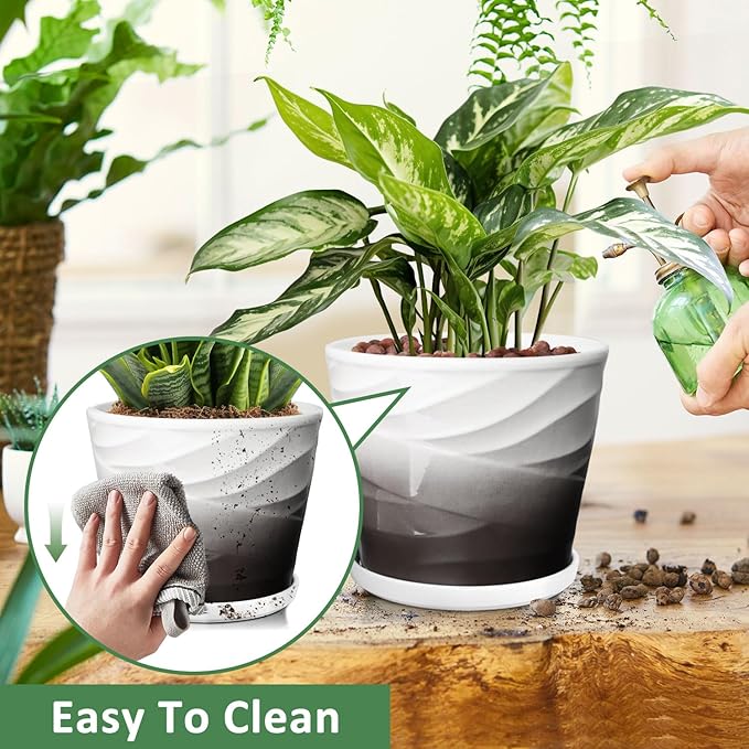 8 Inch Plant Pot, Ceramic Planter with Drainage and Saucer, Ceramic Pots for Plants, Indoor Plant pots,Ceramic Flower pots(Dark Gray+White)