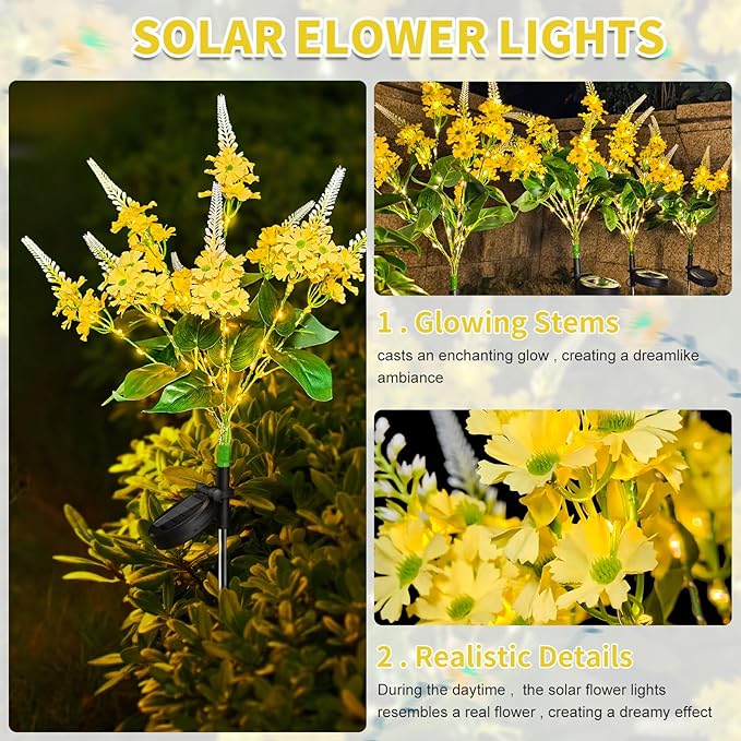 Neporal Solar Flowers Outdoor Waterproof Yellow, Decorative Garden Lights Solar Powered Dusk to Dawn, 8-Stem, 2 Lighting Modes Plants Lights for Yard, Backyard, Porch (Yellow)